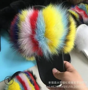 25 colors Fox Hair Slippers Women Fur Home Fluffy Sliders Plush Furry Summer Flats Sweet Ladies Shoes  Size 45 Cute Pantufas