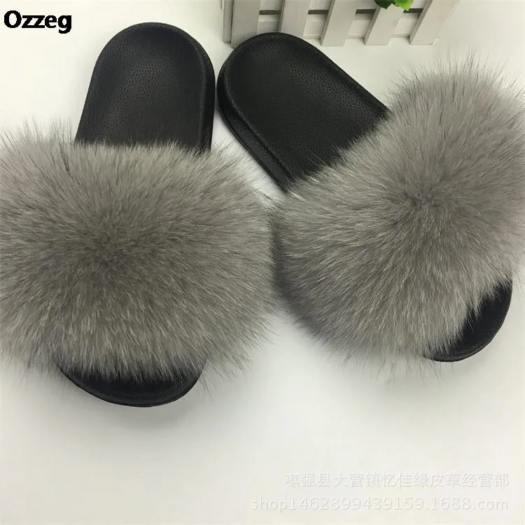 25 colors Fox Hair Slippers Women Fur Home Fluffy Sliders Plush Furry Summer Flats Sweet Ladies Shoes  Size 45 Cute Pantufas