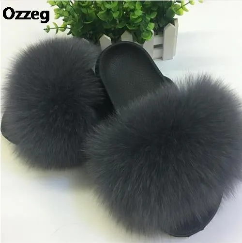 25 colors Fox Hair Slippers Women Fur Home Fluffy Sliders Plush Furry Summer Flats Sweet Ladies Shoes  Size 45 Cute Pantufas