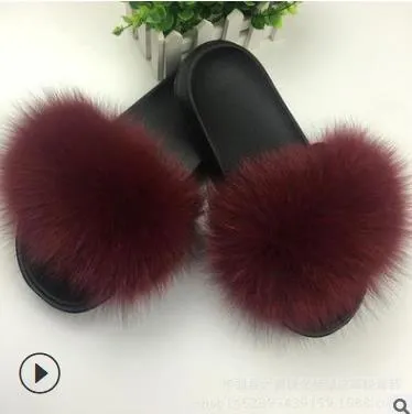25 colors Fox Hair Slippers Women Fur Home Fluffy Sliders Plush Furry Summer Flats Sweet Ladies Shoes  Size 45 Cute Pantufas