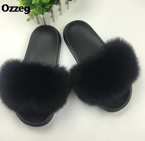 25 colors Fox Hair Slippers Women Fur Home Fluffy Sliders Plush Furry Summer Flats Sweet Ladies Shoes  Size 45 Cute Pantufas