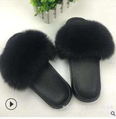 25 colors Fox Hair Slippers Women Fur Home Fluffy Sliders Plush Furry Summer Flats Sweet Ladies Shoes  Size 45 Cute Pantufas