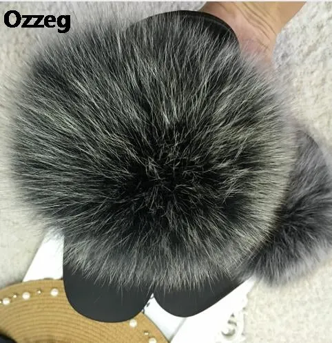 25 colors Fox Hair Slippers Women Fur Home Fluffy Sliders Plush Furry Summer Flats Sweet Ladies Shoes  Size 45 Cute Pantufas