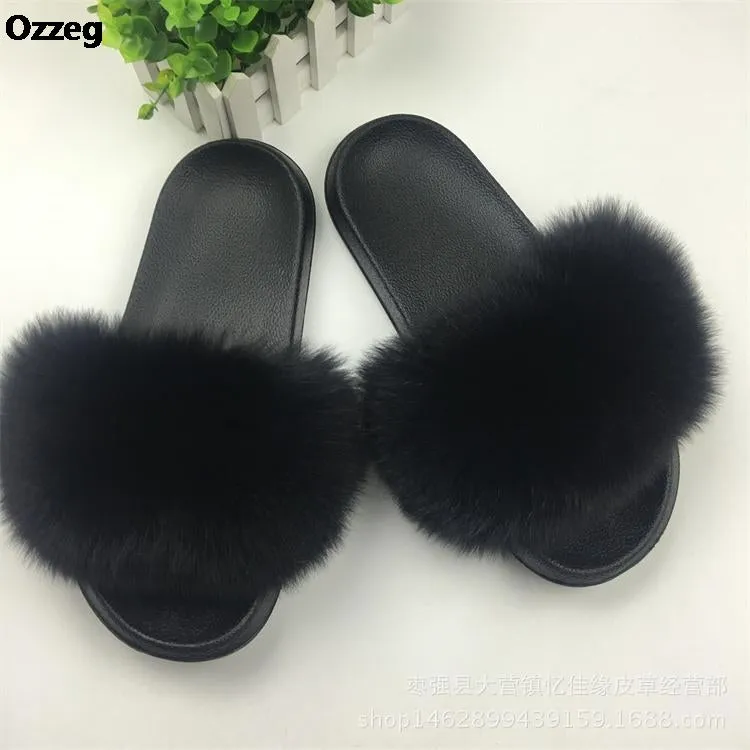 25 colors Fox Hair Slippers Women Fur Home Fluffy Sliders Plush Furry Summer Flats Sweet Ladies Shoes  Size 45 Cute Pantufas