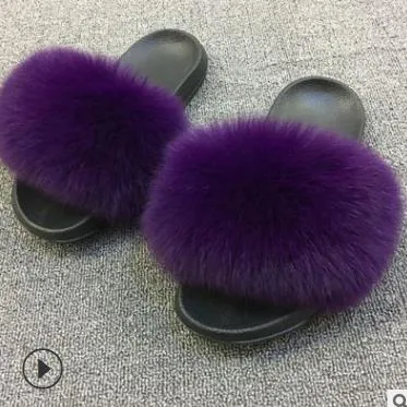 25 colors Fox Hair Slippers Women Fur Home Fluffy Sliders Plush Furry Summer Flats Sweet Ladies Shoes  Size 45 Cute Pantufas
