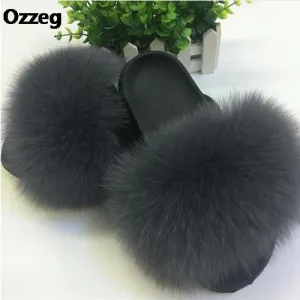 25 colors Fox Hair Slippers Women Fur Home Fluffy Sliders Plush Furry Summer Flats Sweet Ladies Shoes  Size 45 Cute Pantufas