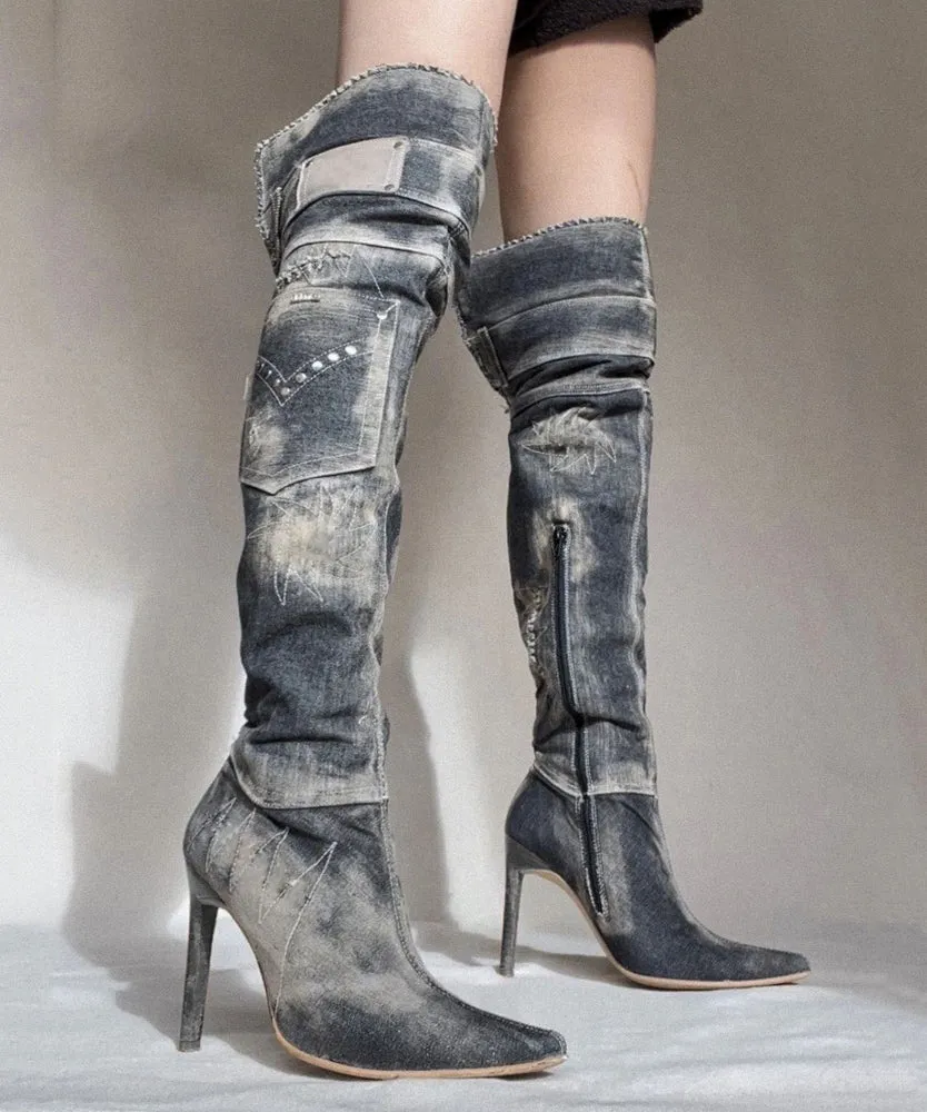 American Style Spicy Girl Pointed Denim Knee High Boots OM021