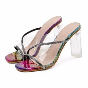 Chicvane Clear Rhinestone Criss Cross Stilettos Slides Sandals