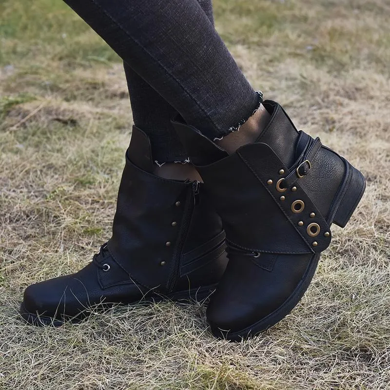 Chicvane Round Toe Chunky Heel Zipper Closure Ankle Boots For Women