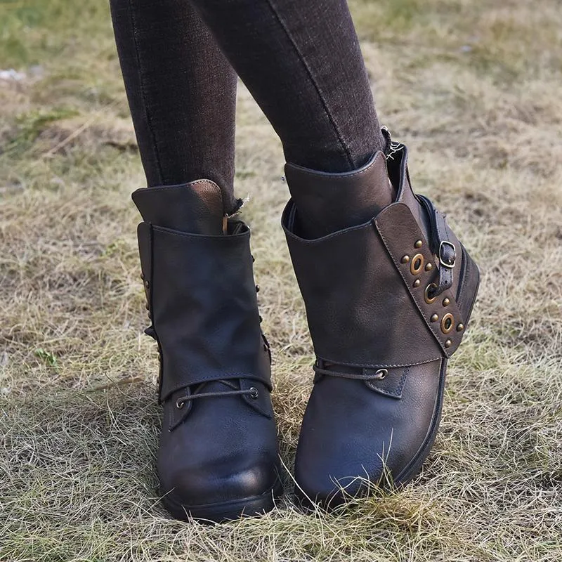 Chicvane Round Toe Chunky Heel Zipper Closure Ankle Boots For Women