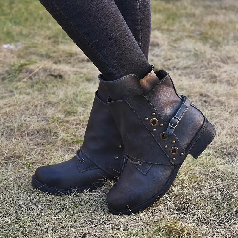 Chicvane Round Toe Chunky Heel Zipper Closure Ankle Boots For Women
