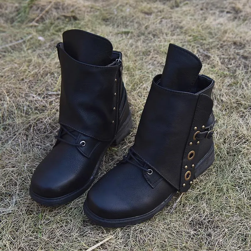 Chicvane Round Toe Chunky Heel Zipper Closure Ankle Boots For Women