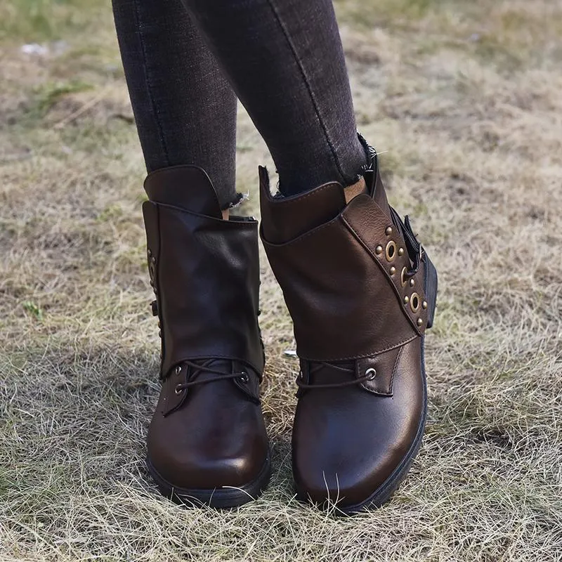 Chicvane Round Toe Chunky Heel Zipper Closure Ankle Boots For Women