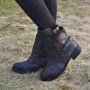 Chicvane Round Toe Chunky Heel Zipper Closure Ankle Boots For Women