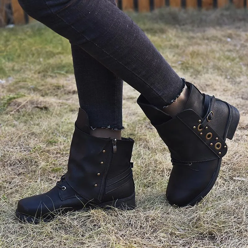 Chicvane Round Toe Chunky Heel Zipper Closure Ankle Boots For Women