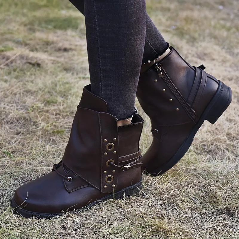 Chicvane Round Toe Chunky Heel Zipper Closure Ankle Boots For Women