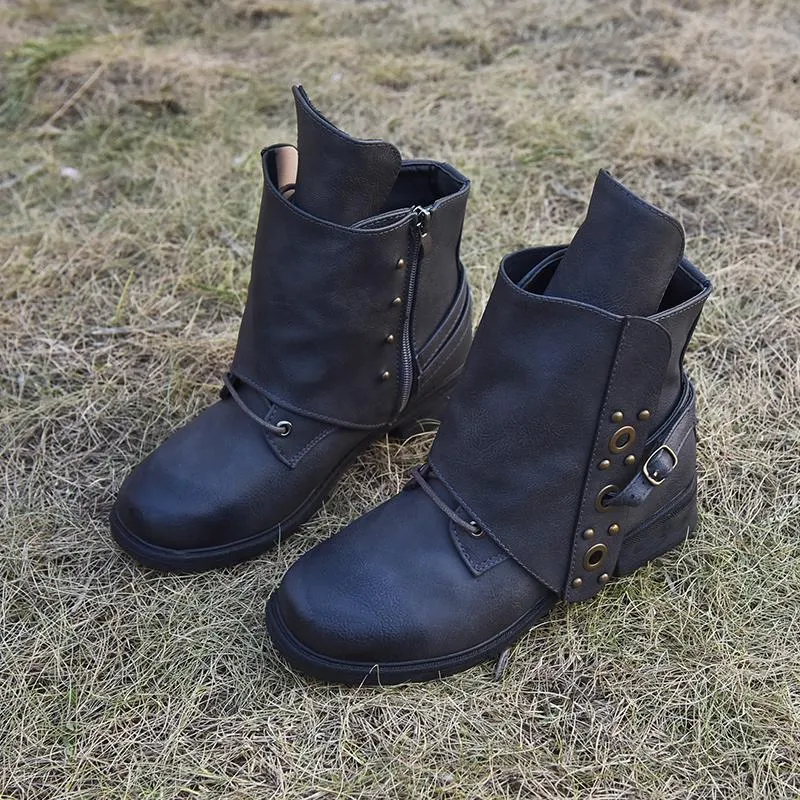 Chicvane Round Toe Chunky Heel Zipper Closure Ankle Boots For Women