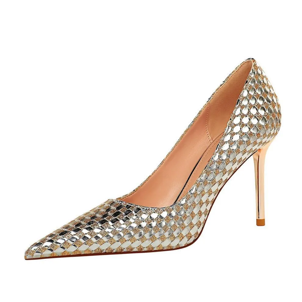 Chicvane Weave Sequin Pointed Toe Stiletto Pump Bridal Heels Party Shoes For Women