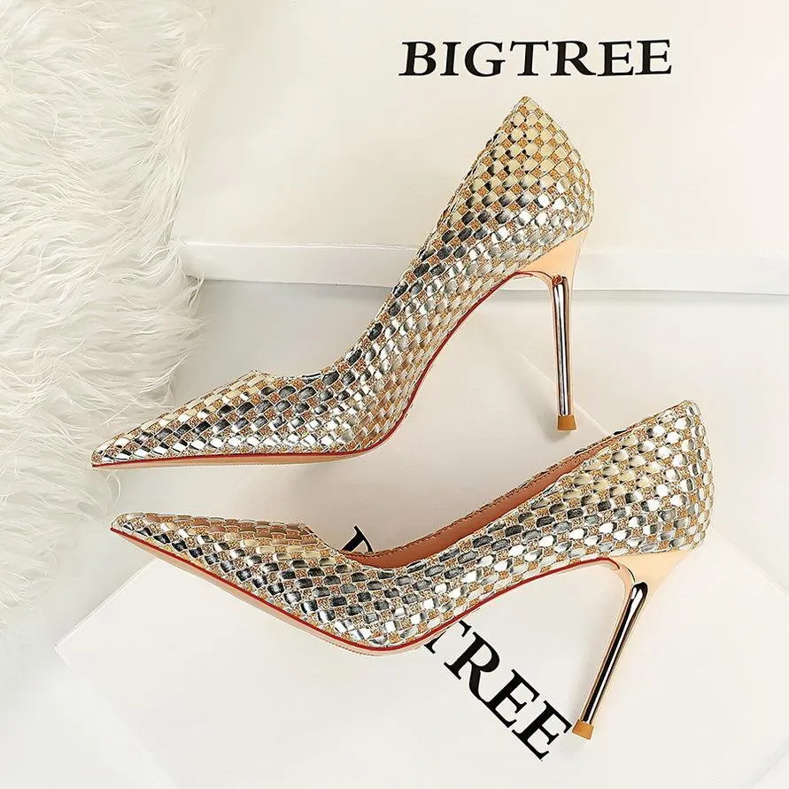 Chicvane Weave Sequin Pointed Toe Stiletto Pump Bridal Heels Party Shoes For Women