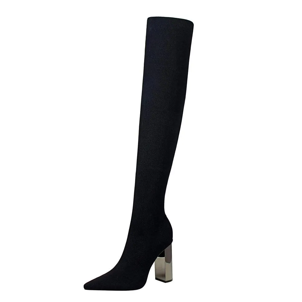 Chicvane Womens Woolen Yarn Pointed Toe Metal Chunky Heel Over The Knee Boots