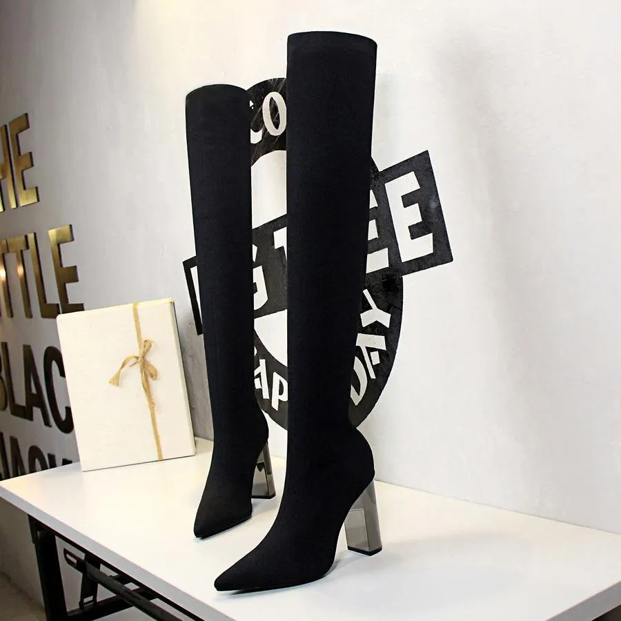 Chicvane Womens Woolen Yarn Pointed Toe Metal Chunky Heel Over The Knee Boots