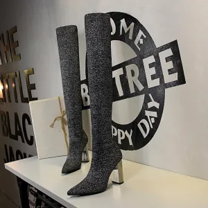Chicvane Womens Woolen Yarn Pointed Toe Metal Chunky Heel Over The Knee Boots
