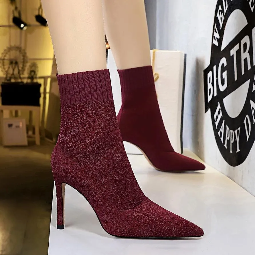 Chicvane Woolen Yarn Stretch Pointed Toe Stiletto Heel Mid Calf Boots