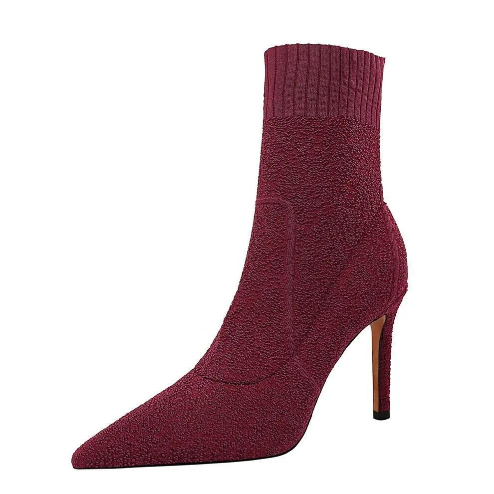 Chicvane Woolen Yarn Stretch Pointed Toe Stiletto Heel Mid Calf Boots
