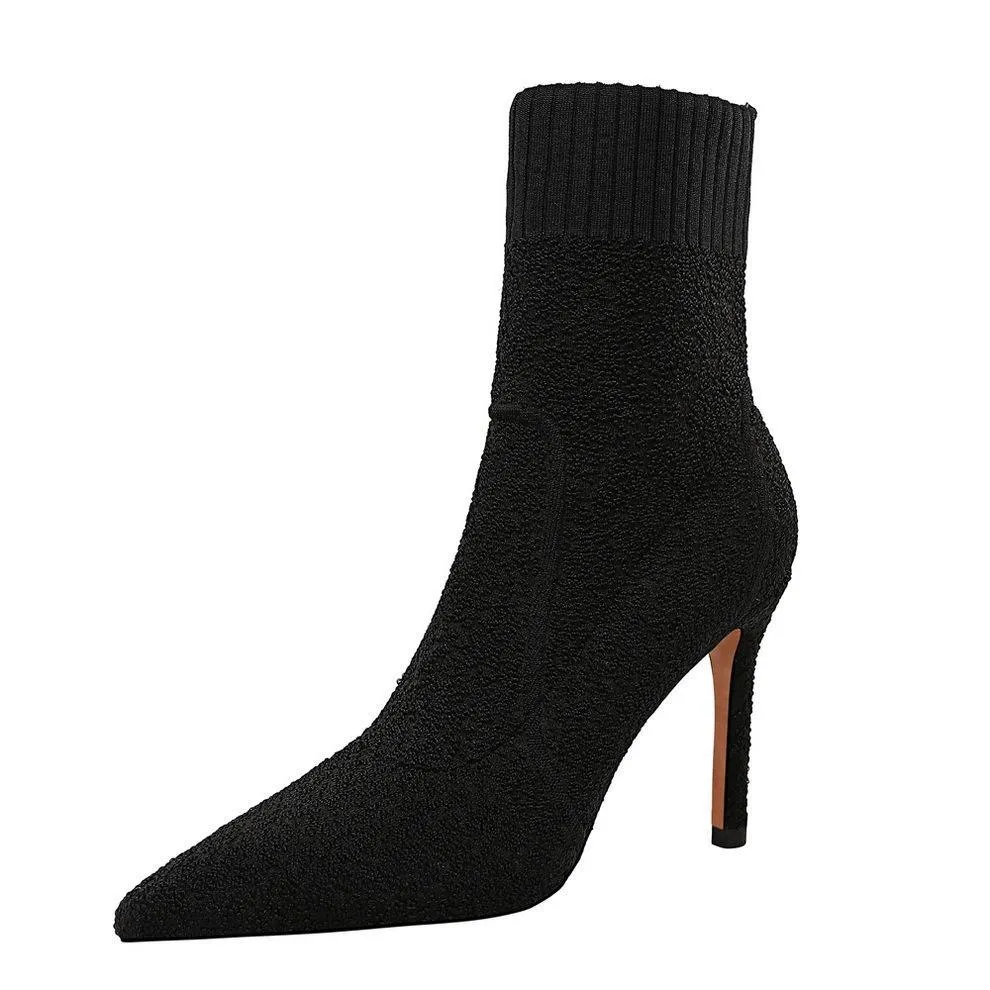 Chicvane Woolen Yarn Stretch Pointed Toe Stiletto Heel Mid Calf Boots
