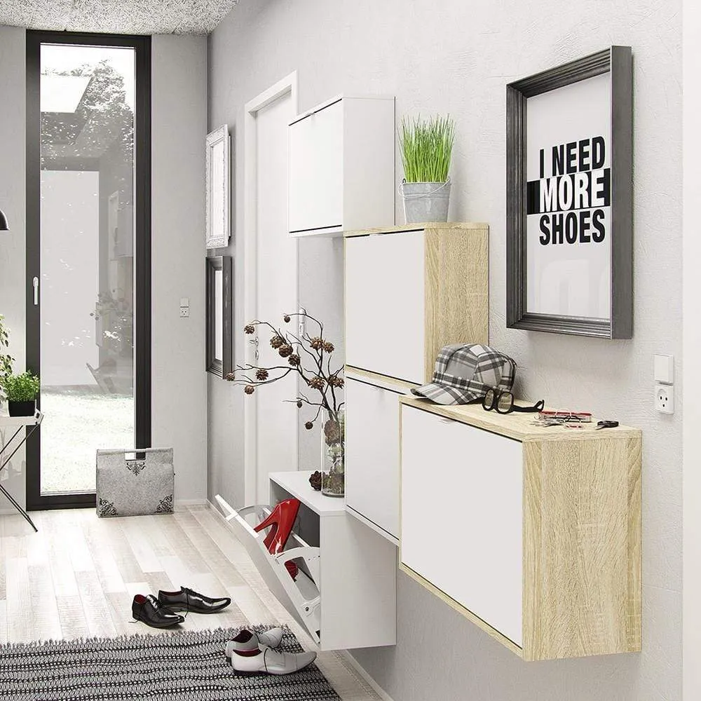 CLEARANCE Set of 3 Shoe cabinet  with 1 tilting door and 2 layers - Oak structure White