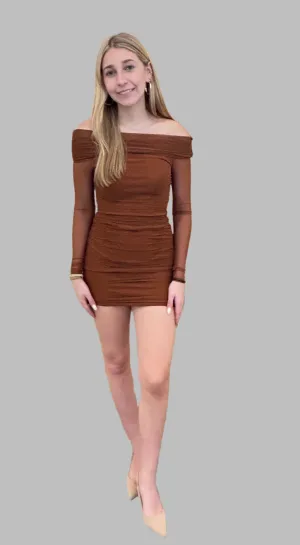Coco ruched brown mesh off shoulder mini dress-brown