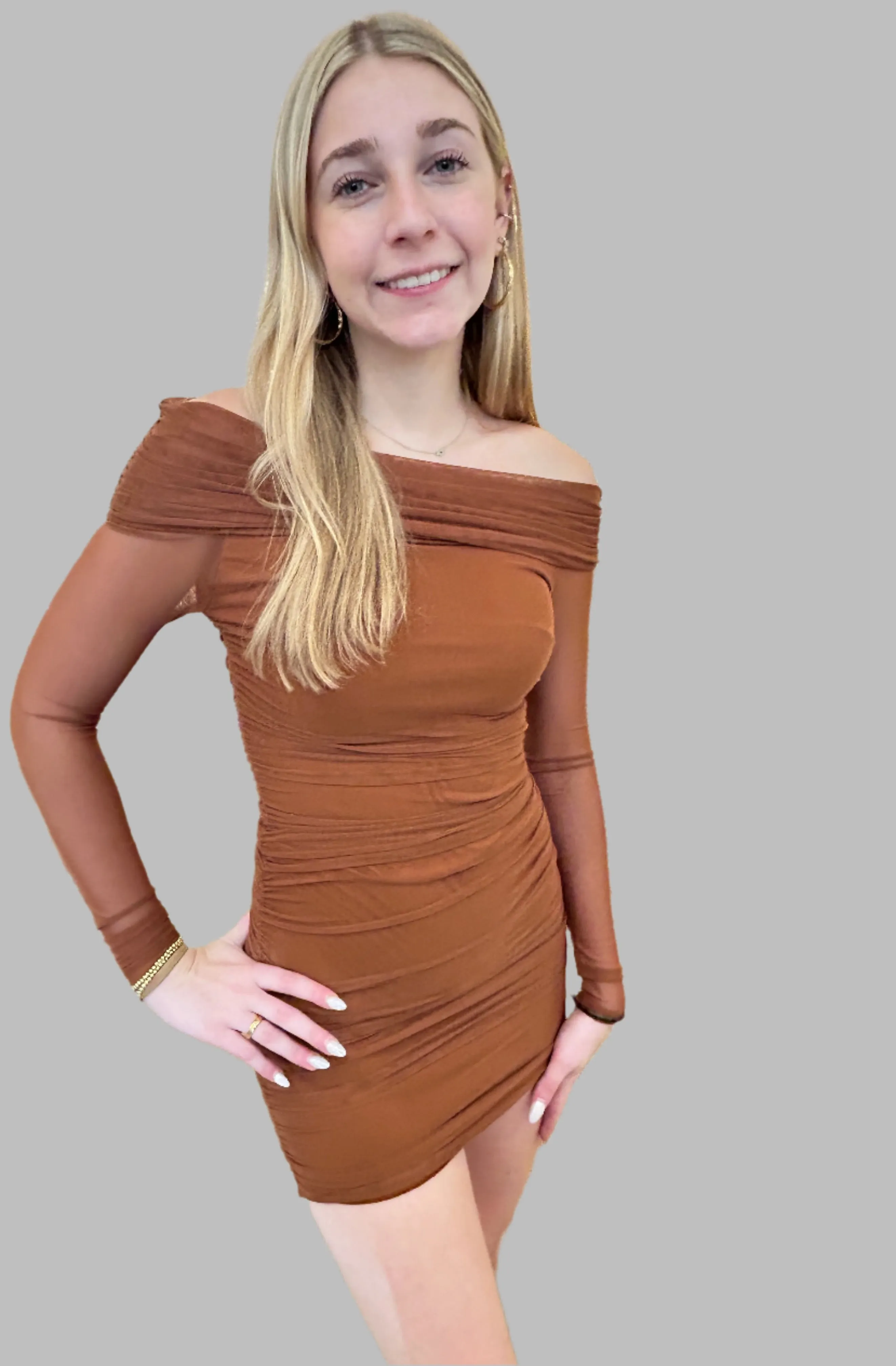 Coco ruched brown mesh off shoulder mini dress-brown