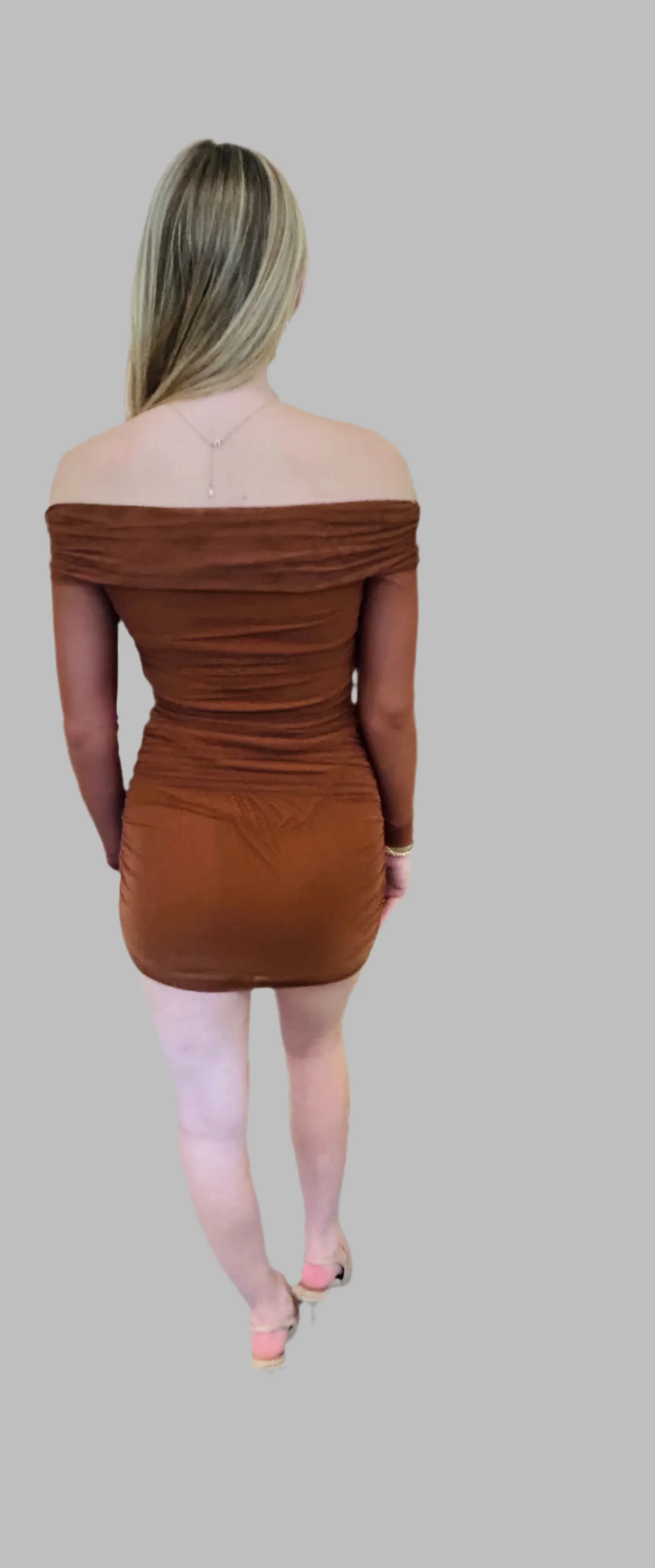 Coco ruched brown mesh off shoulder mini dress-brown