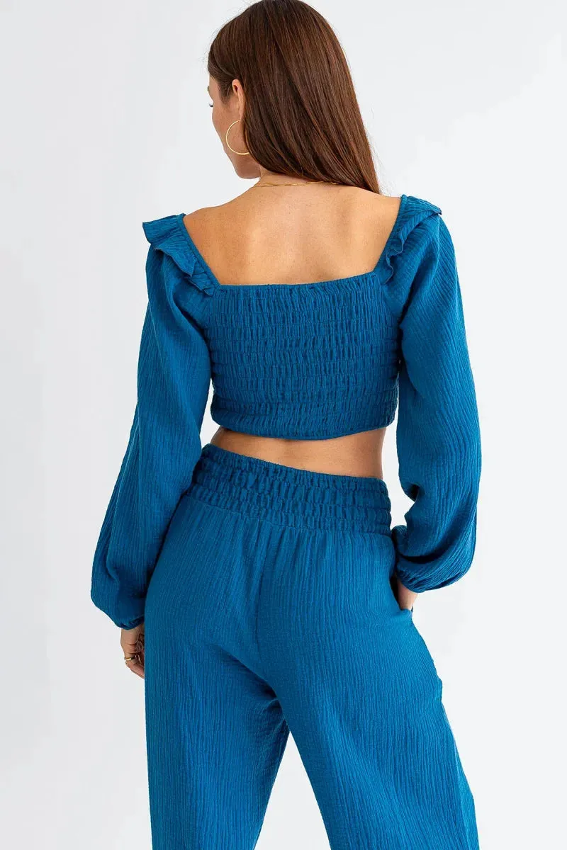 Cotton Smocked Long Sleeve Crop Top & Mid Waist Pants Set