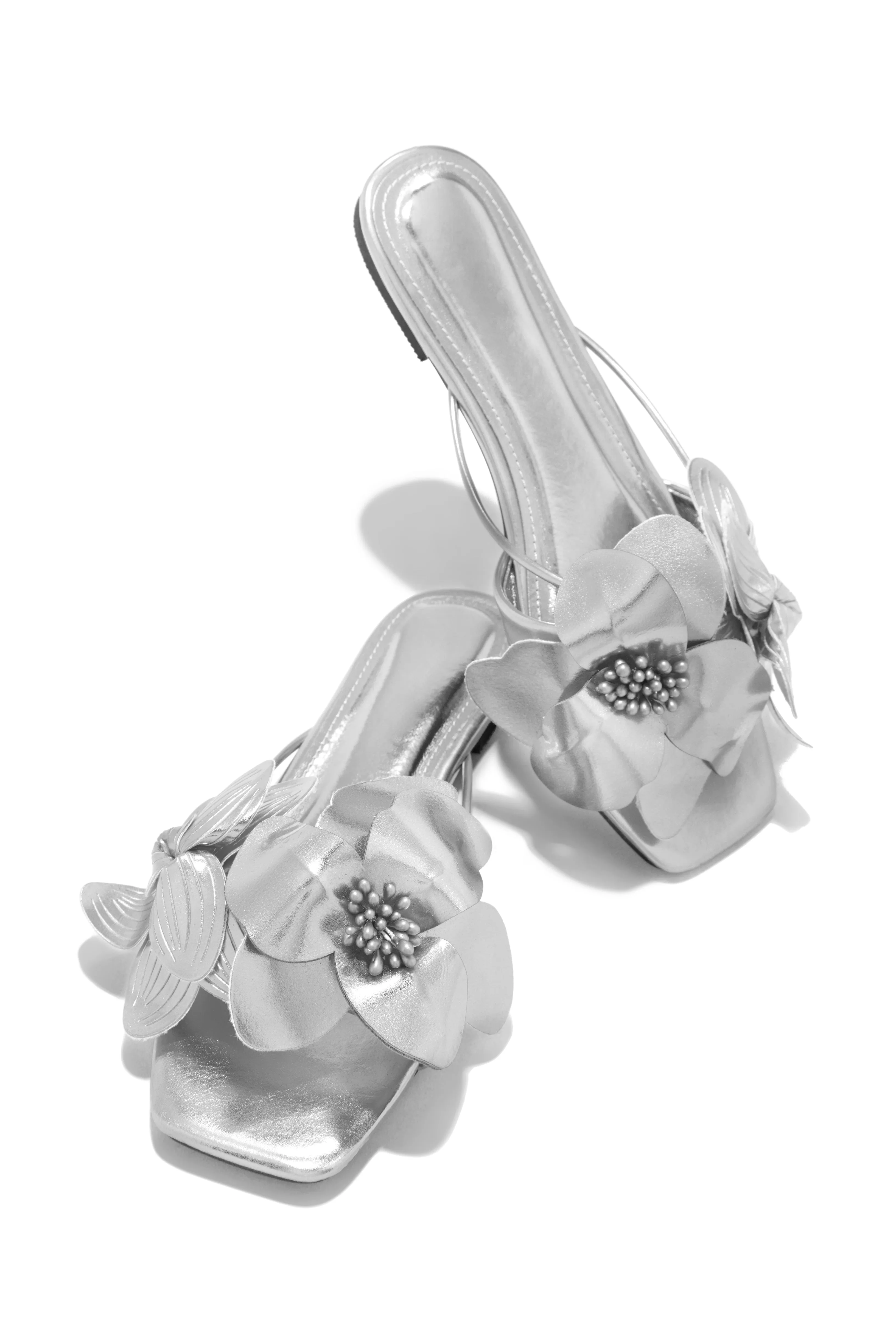 Golden Hour Floral Detail Slip On Sandals - Silver