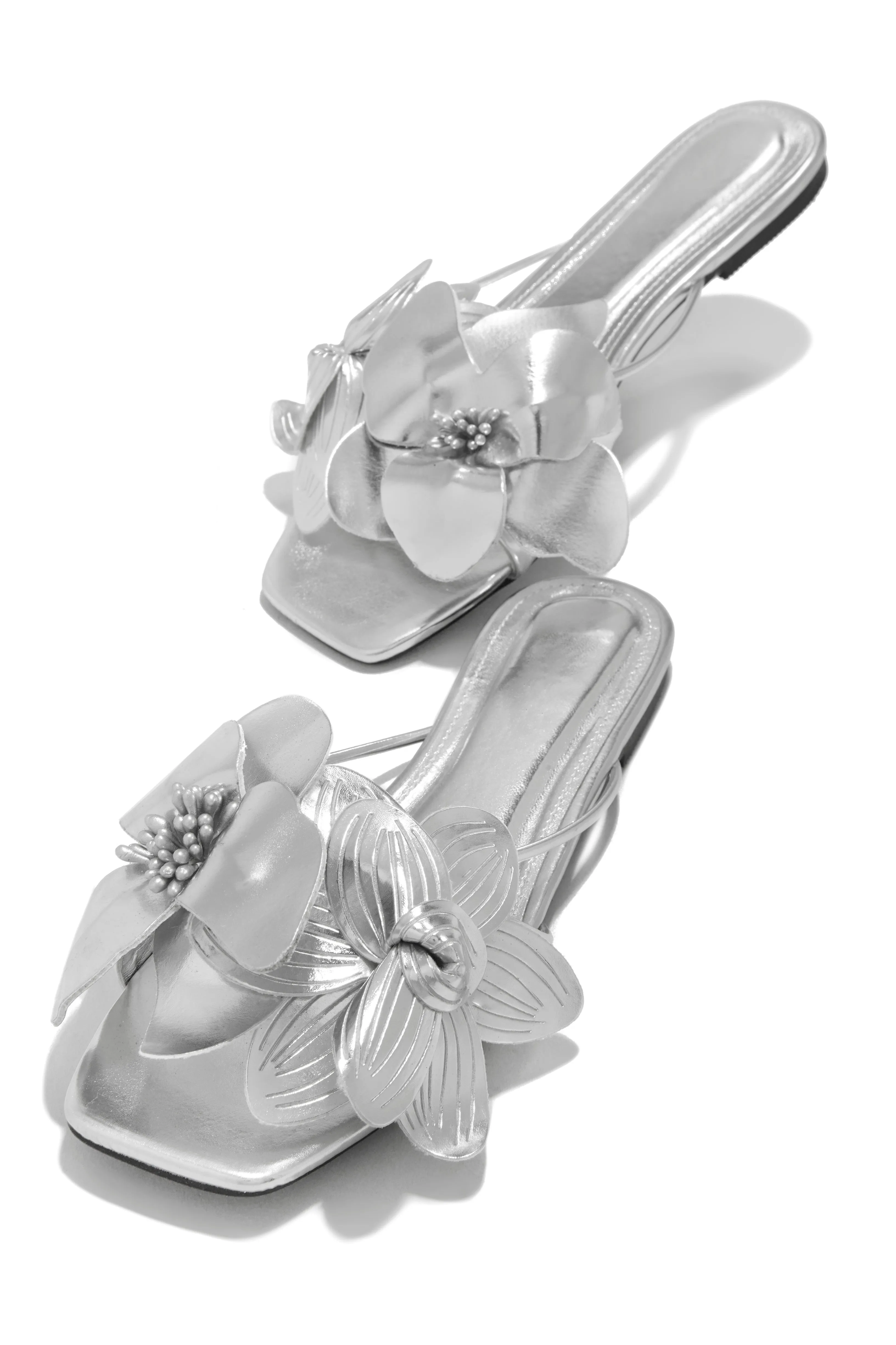 Golden Hour Floral Detail Slip On Sandals - Silver