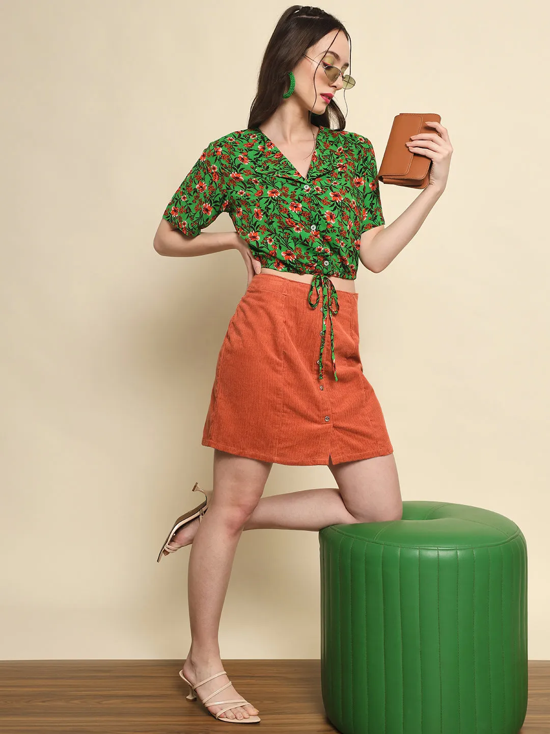 Green Printed Drawstring Detail Top