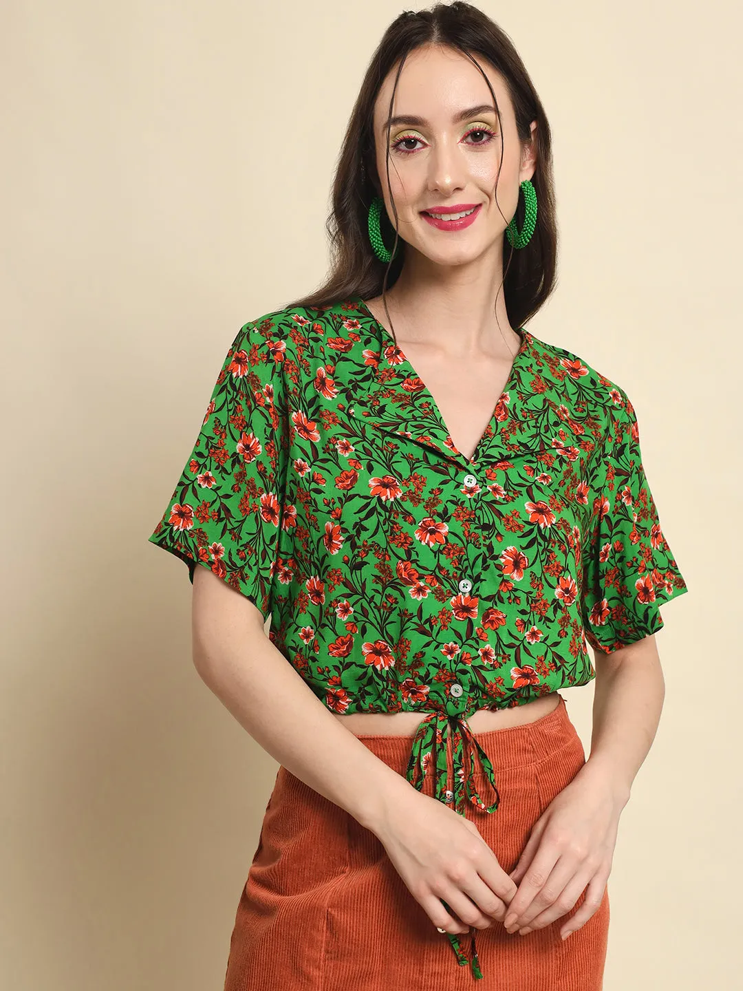 Green Printed Drawstring Detail Top