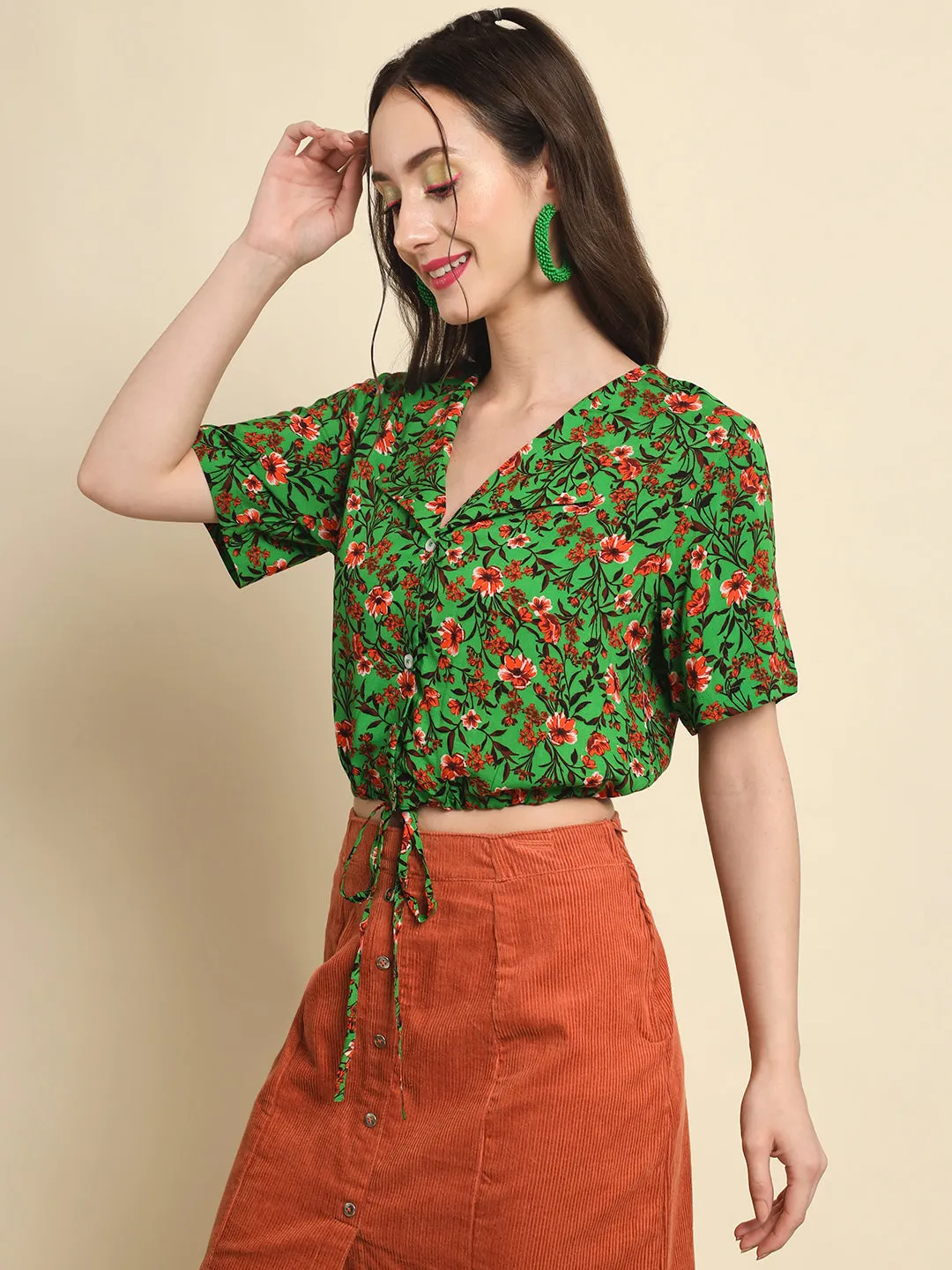 Green Printed Drawstring Detail Top