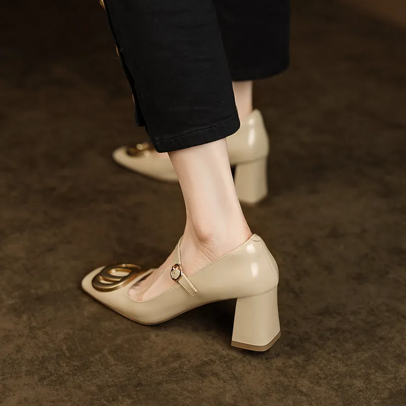 Inara Square Toe Mary Jane Chunky Heels Nude
