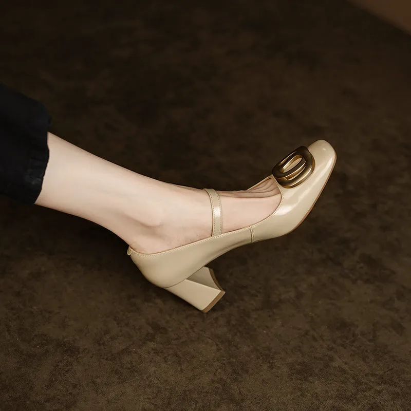 Inara Square Toe Mary Jane Chunky Heels Nude