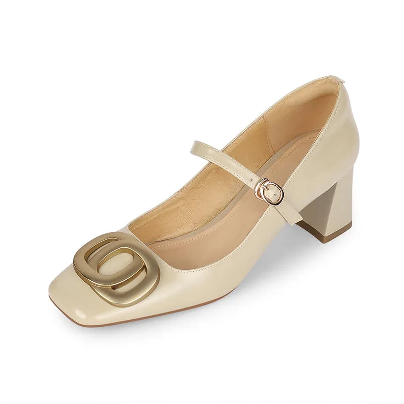 Inara Square Toe Mary Jane Chunky Heels Nude