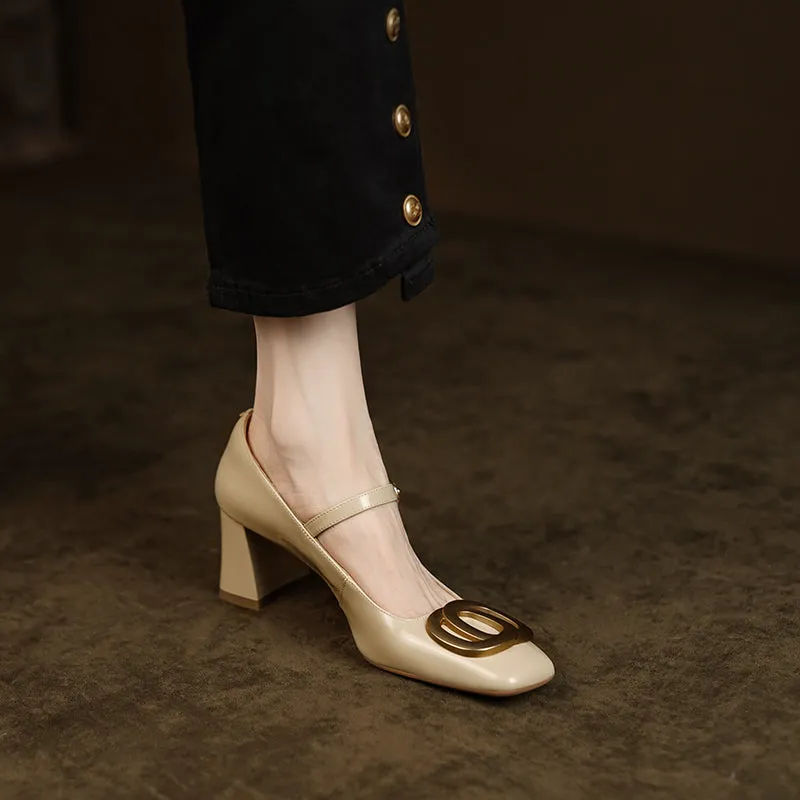 Inara Square Toe Mary Jane Chunky Heels Nude