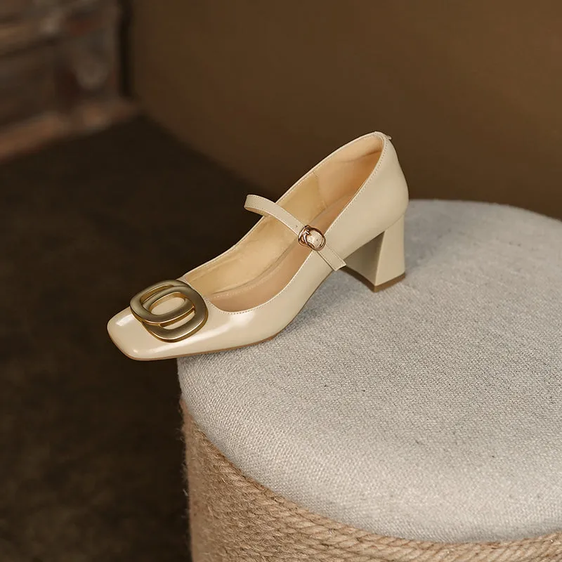 Inara Square Toe Mary Jane Chunky Heels Nude