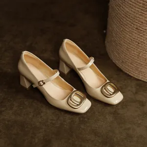 Inara Square Toe Mary Jane Chunky Heels Nude