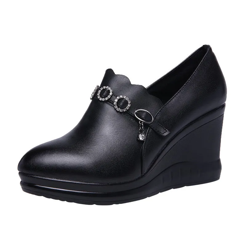 kamames Autumn And Winter Slope High Heel Waterproof Platform Deep Tip Single Shoes Women's Plush Black Large Size 40-43 Women's Shoes