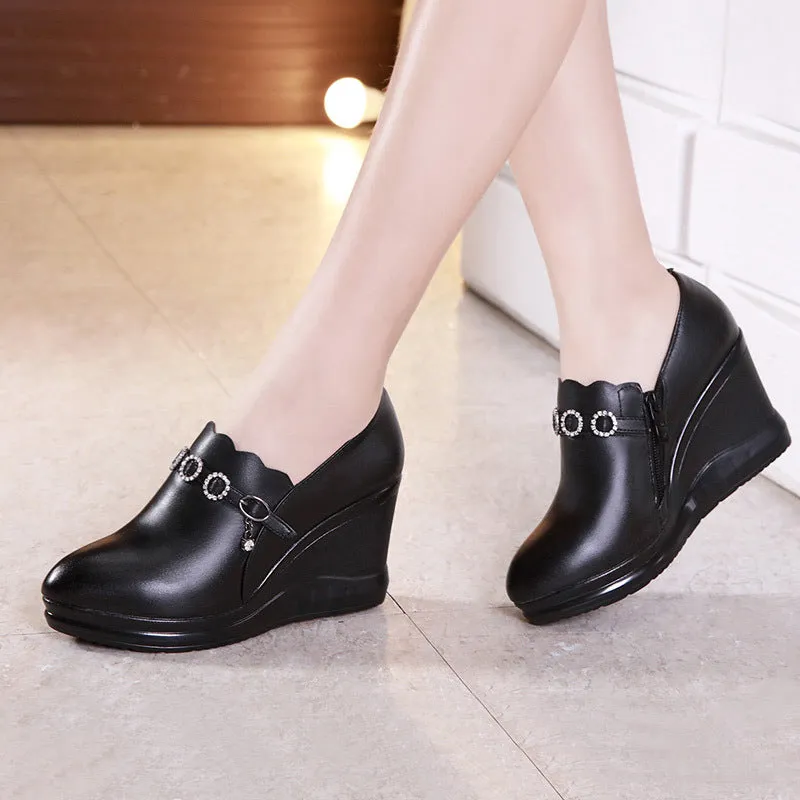 kamames Autumn And Winter Slope High Heel Waterproof Platform Deep Tip Single Shoes Women's Plush Black Large Size 40-43 Women's Shoes