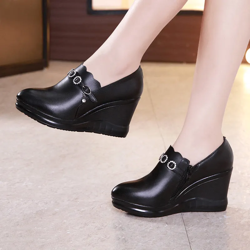 kamames Autumn And Winter Slope High Heel Waterproof Platform Deep Tip Single Shoes Women's Plush Black Large Size 40-43 Women's Shoes