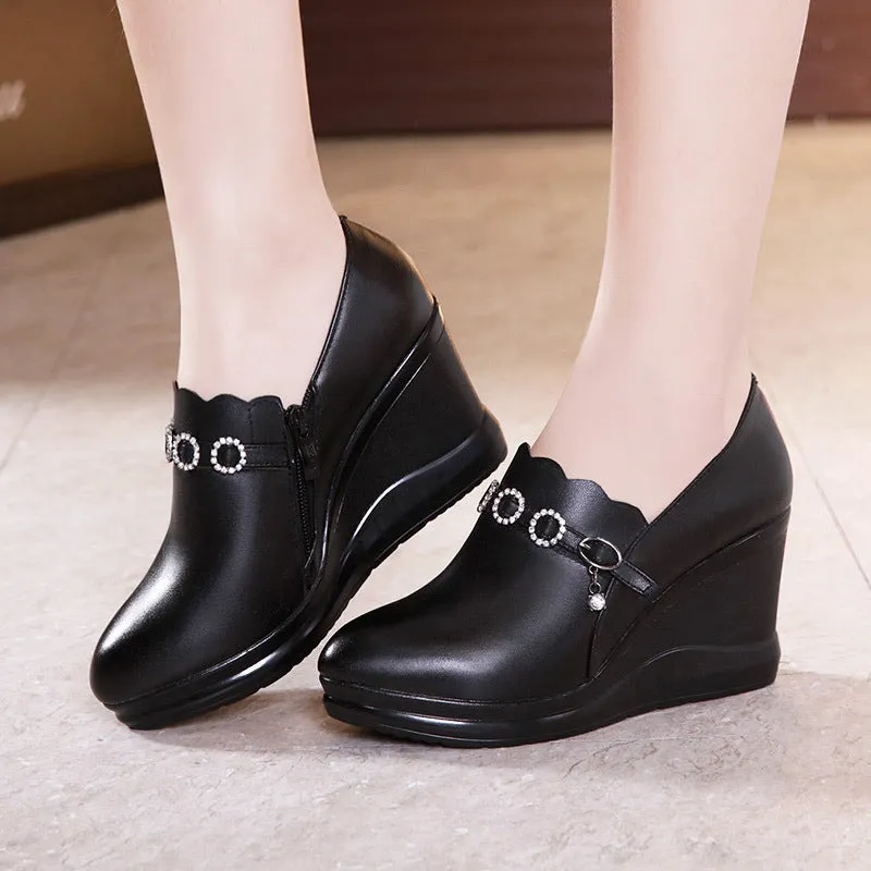 kamames Autumn And Winter Slope High Heel Waterproof Platform Deep Tip Single Shoes Women's Plush Black Large Size 40-43 Women's Shoes