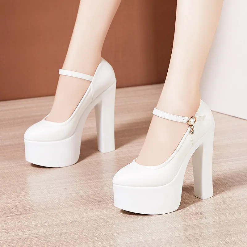 kamames High Heel 15CM Cheongsam Model Catwalk Shoes Women's Thick Soles Waterproof Table Pointed Professional Work Shoes Large Size Women's Singles Shoes